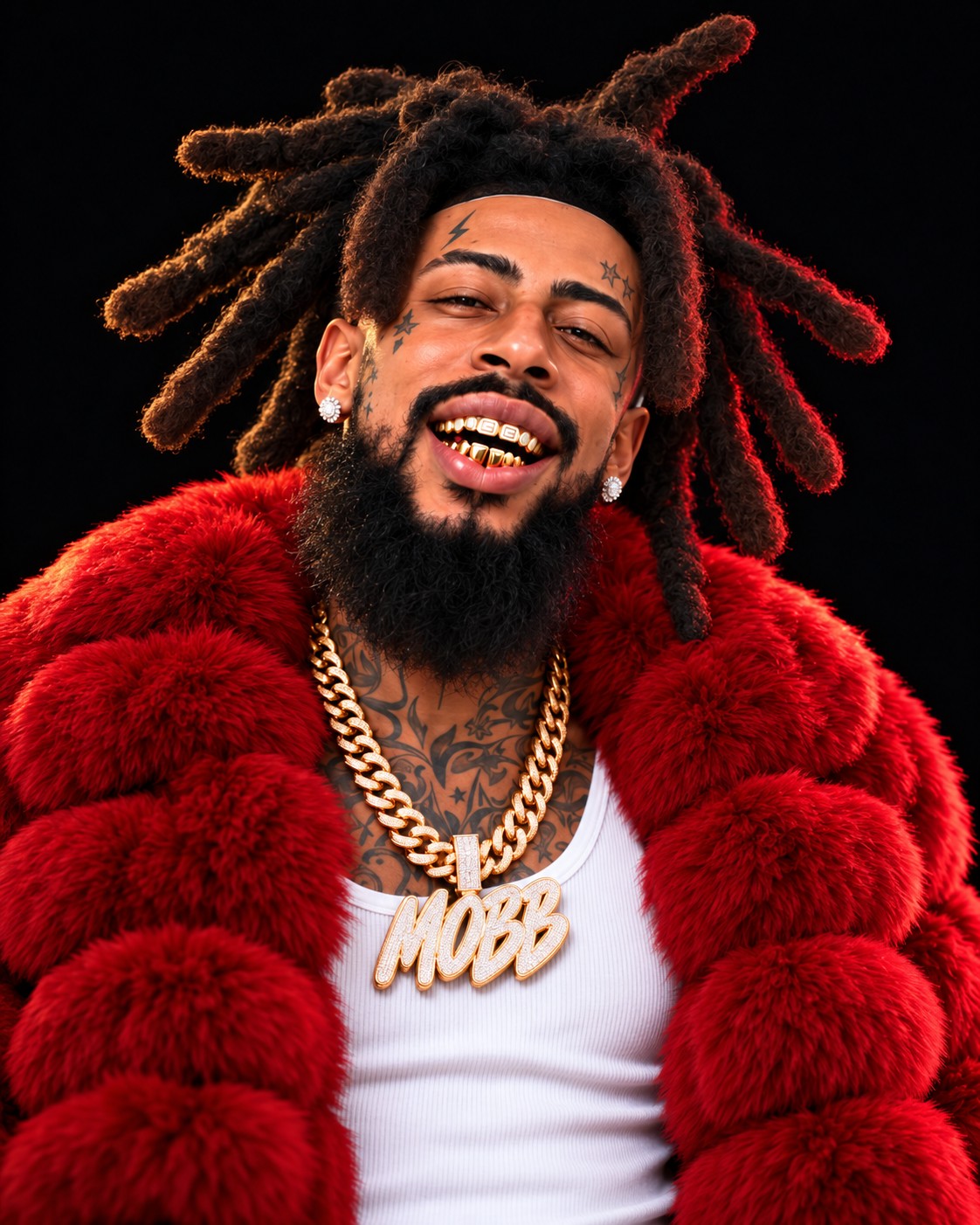 Rohni in his signature red coat, with freeform wicks, gold grills and MOBB pendant